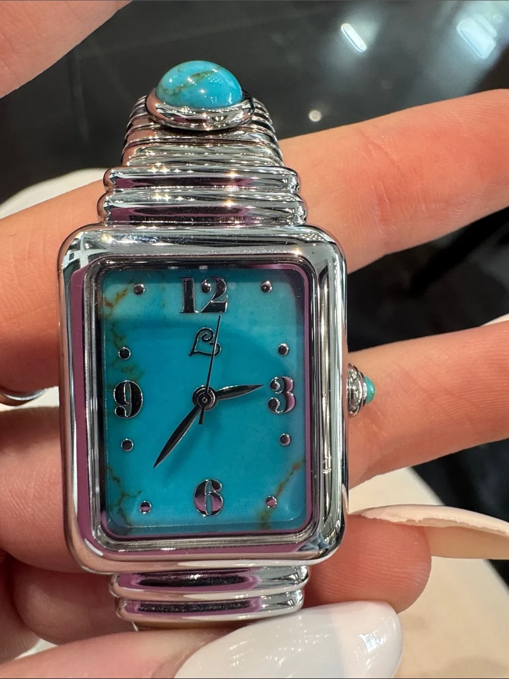 Colleen Lopez HSN Turquoise Gemstone Dial Rectangular Silver-Tone Cuff Watch